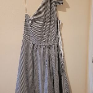 Blue & white striped, one-shoulder dress